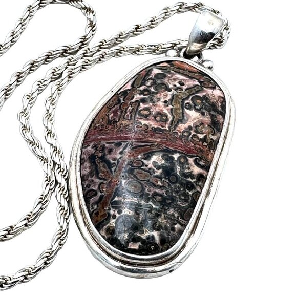 Sterling Silver Womens Necklace Leopard Skin Jasper Pendant Rope Chain 61 Grams - Picture 1 of 4